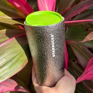 New Starbucks Silver Neon Green Ceramic Travel Mug